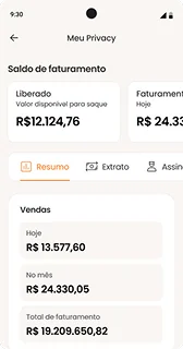 Financial dashboard showing billing balance of R$12,124.76, sales revenue of R$13,577.60, and total billing of R$19,209,650.82