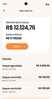 Bank withdrawal screen displaying available balance of R$12,124.76 with scheduled, pending, and completed withdrawal transactions