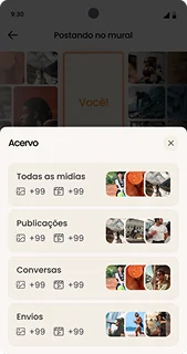 Media library modal showing organized collections including all media with 99+ items, publications, conversations, and sent messages with thumbnail previews